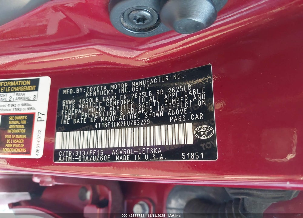 2017 TOYOTA CAMRY VIN: 4T1BF1FK2HU783229