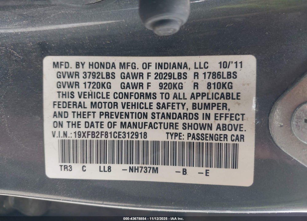 2012 HONDA CIVIC EX VIN: 19XFB2F81CE312918