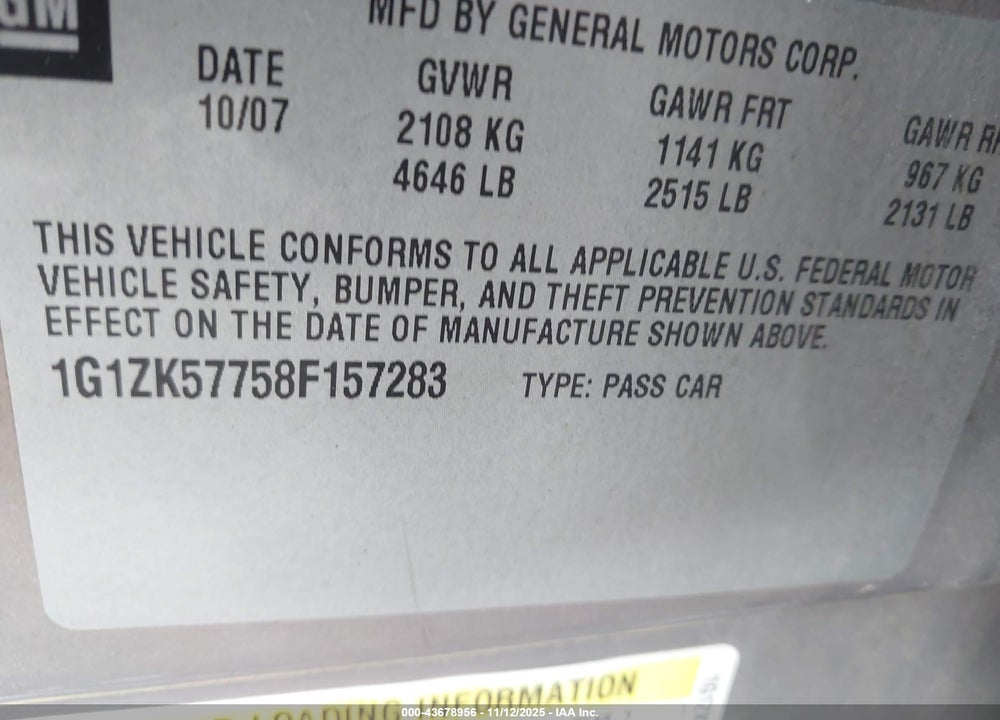 2008 CHEVROLET MALIBU LTZ VIN: 1G1ZK57758F157283