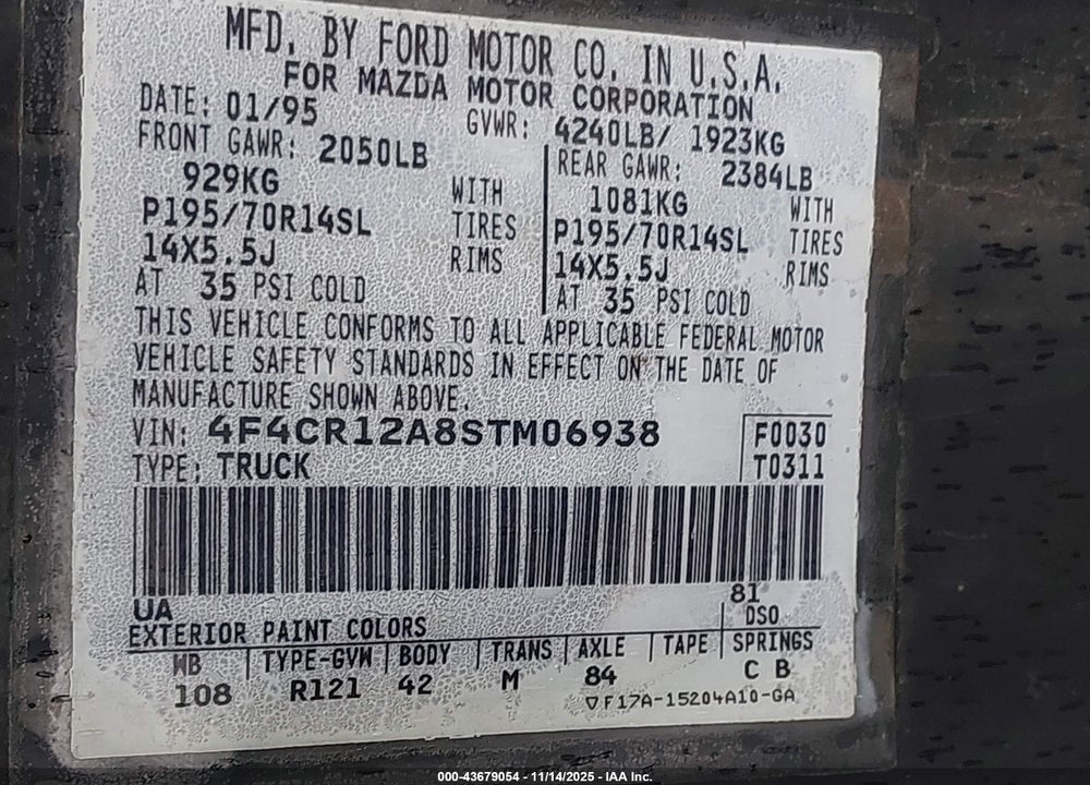 1995 MAZDA B2300 VIN: 4F4CR12A8STM06938