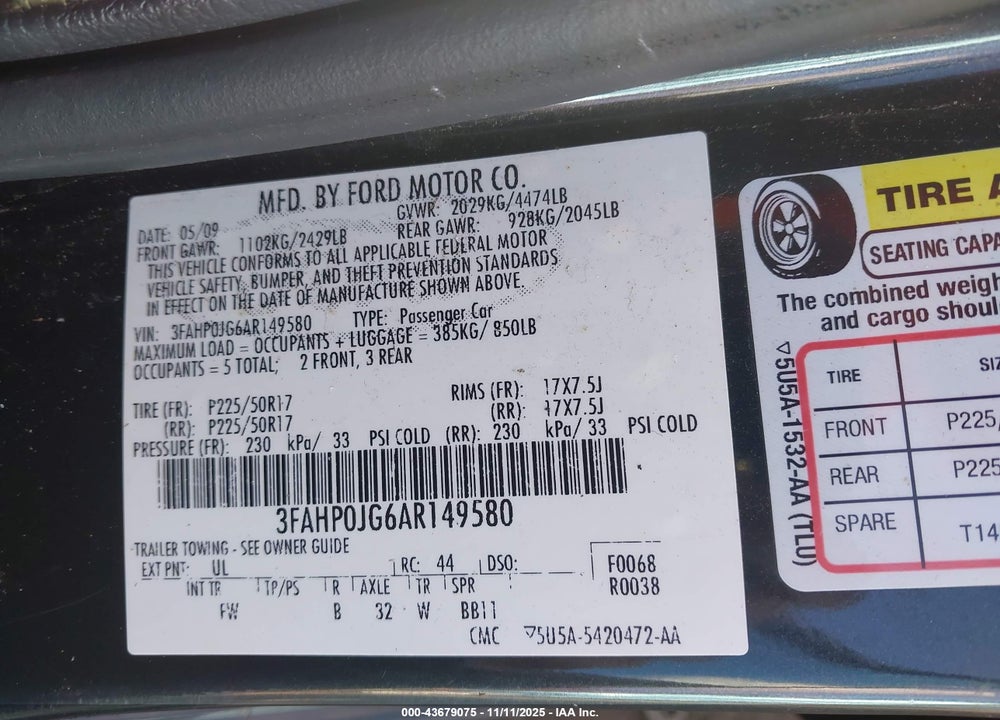 2010 FORD FUSION SEL VIN: 3FAHP0JG6AR149580