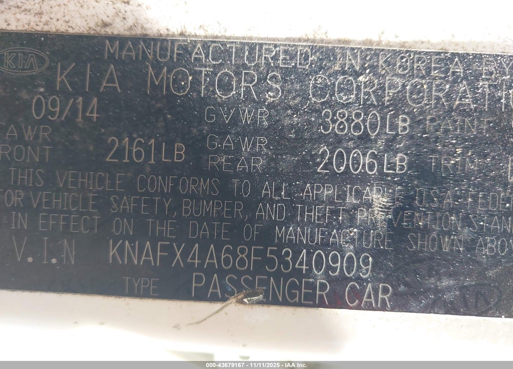 2015 KIA FORTE VIN: KNAFX4A68F5340909