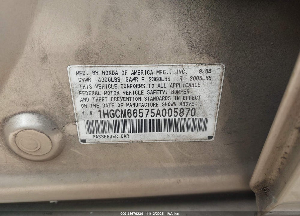 2005 HONDA ACCORD VIN: 1HGCM66575A005870
