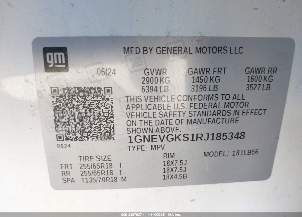 2024 CHEVROLET TRAVERSE AWD LT VIN: 1GNEVGKS1RJ185348