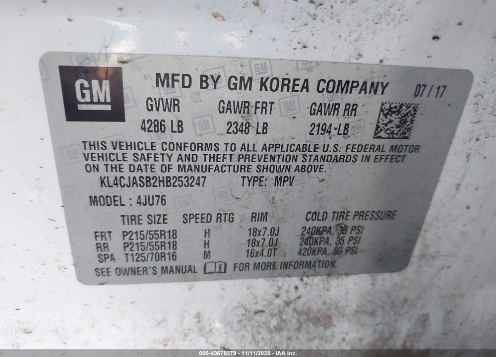2017 BUICK ENCORE PREFERRED VIN: KL4CJASB2HB253247