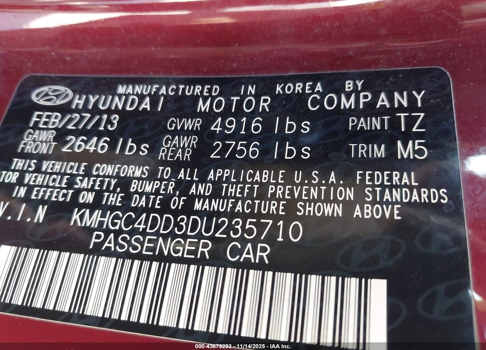 2013 HYUNDAI GENESIS 3.8 VIN: KMHGC4DD3DU235710