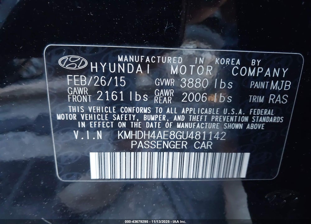 2016 HYUNDAI ELANTRA SE VIN: KMHDH4AE8GU481142