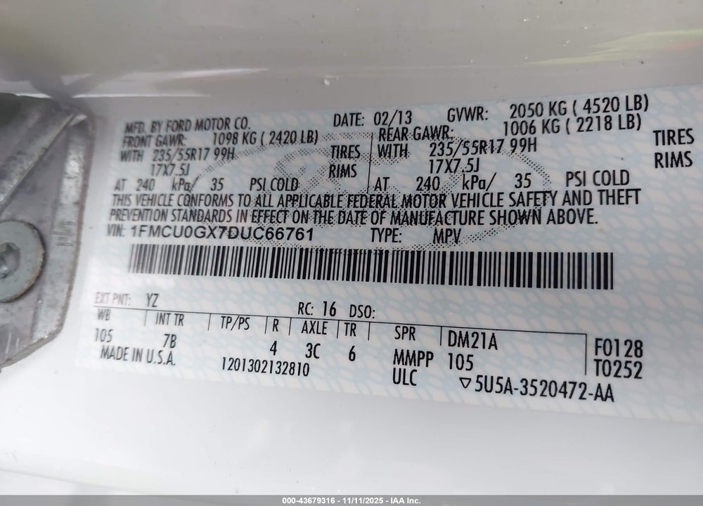 2013 FORD ESCAPE SE VIN: 1FMCU0GX7DUC66761