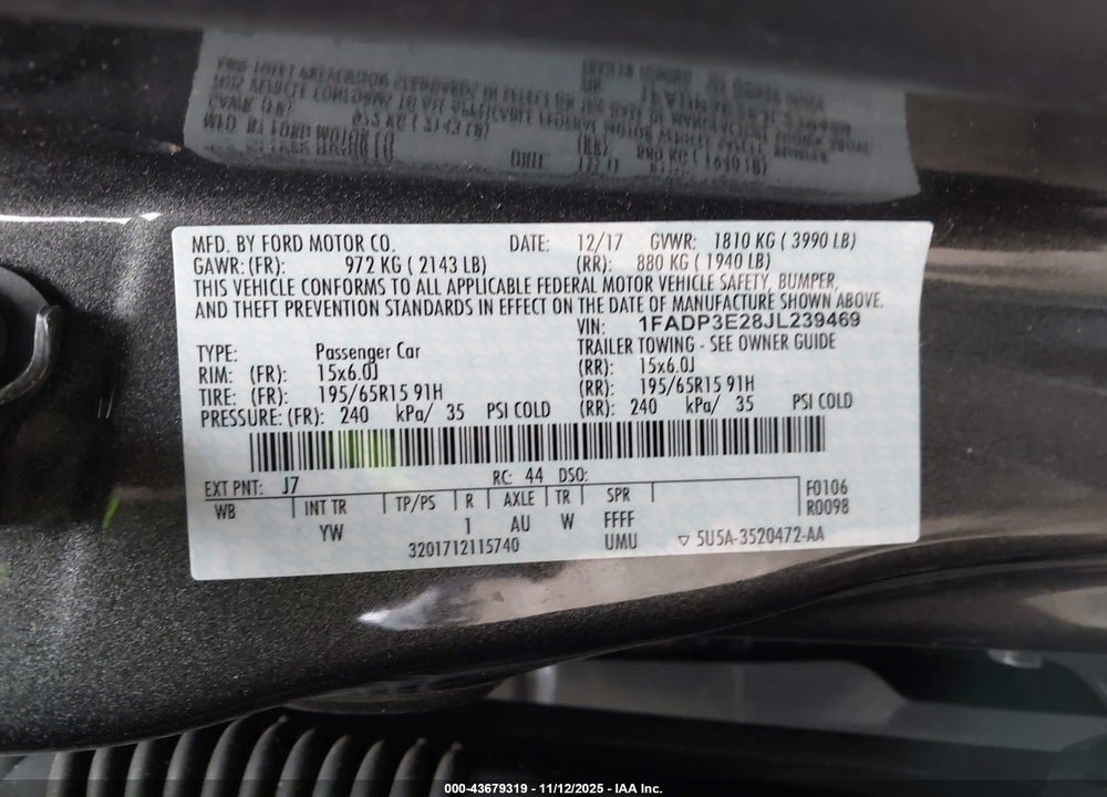 2018 FORD FOCUS S VIN: 1FADP3E28JL239469