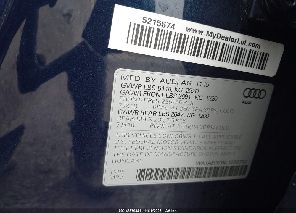 2020 AUDI Q3 VIN: WA1AECF3XL1039762