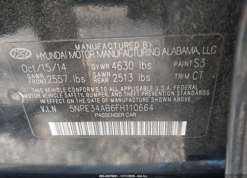 2015 HYUNDAI SONATA SPORT 2.0T VIN: 5NPE34AB6FH110664
