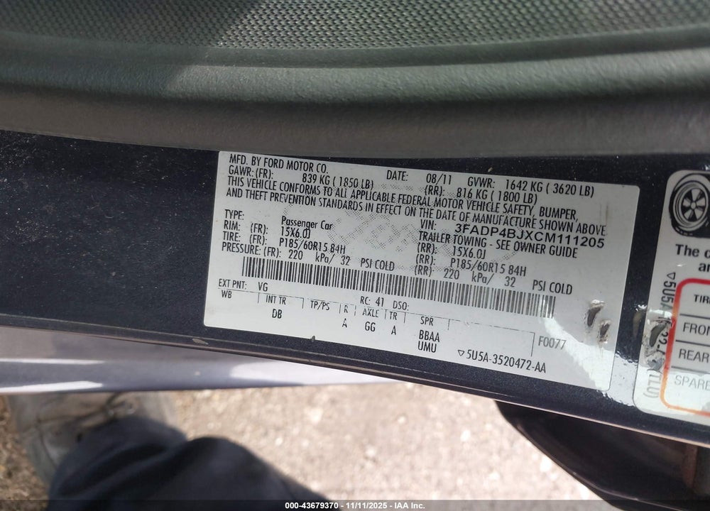 2012 FORD FIESTA VIN: 3FADP4BJXCM111205
