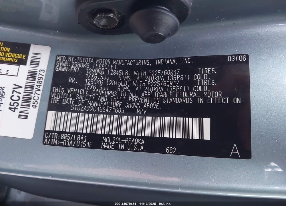 2006 TOYOTA SIENNA XLE VIN: 5TDZA22C16S471605
