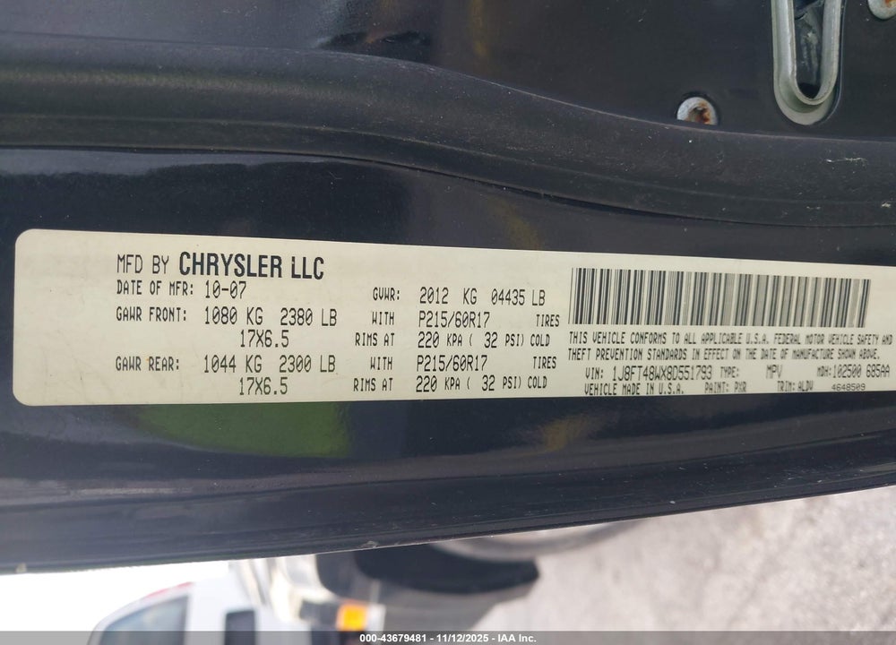 2008 JEEP PATRIOT LIMITED VIN: 1J8FT48WX8D551793
