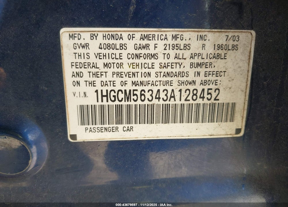2003 HONDA ACCORD 2.4 LX VIN: 1HGCM56343A128452