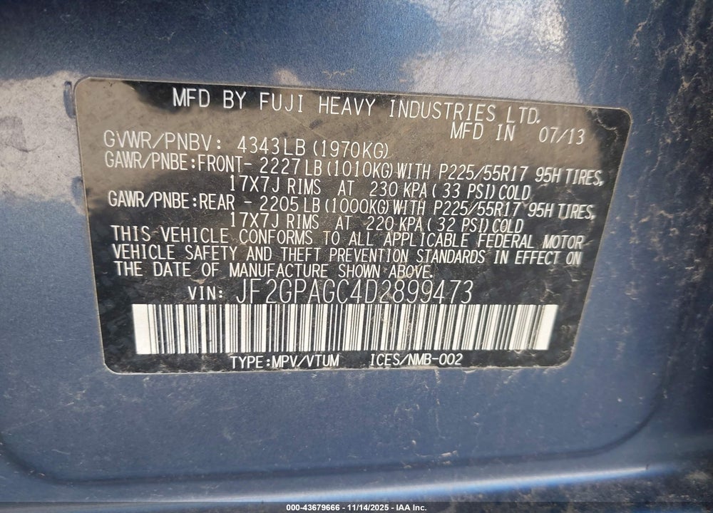 2013 SUBARU XV CROSSTREK 2.0I LIMITED VIN: JF2GPAGC4D2899473
