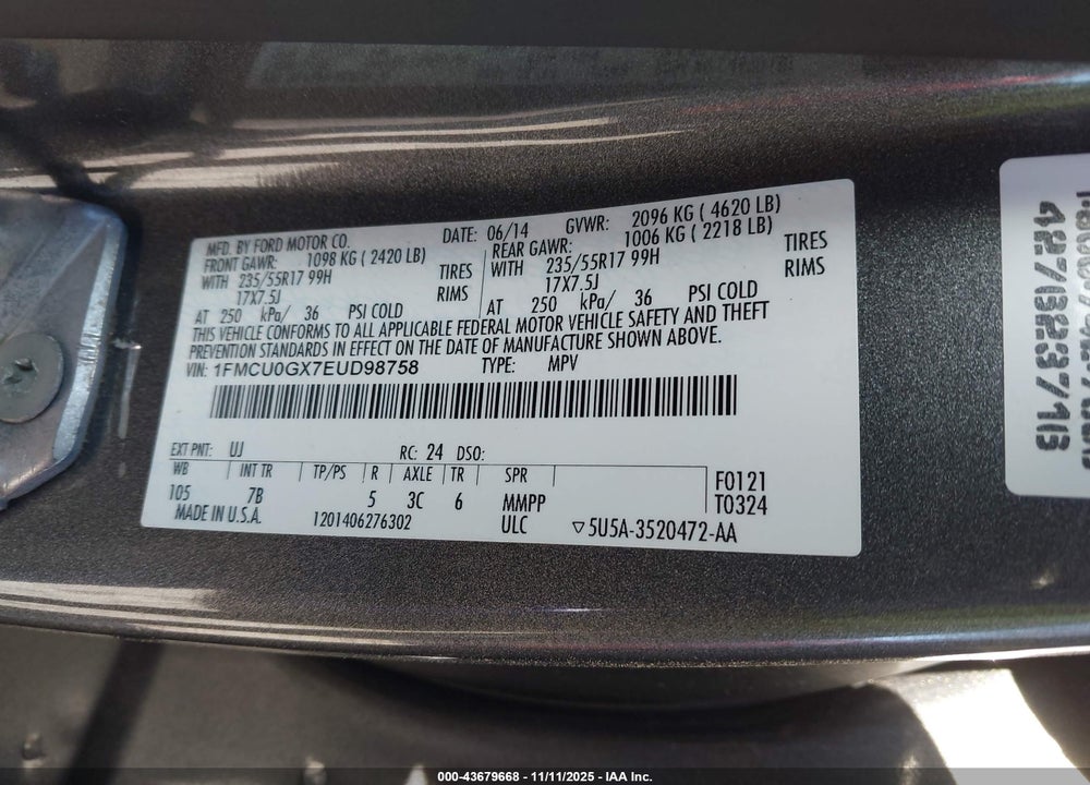 2014 FORD ESCAPE VIN: 1FMCU0GX7EUD98758