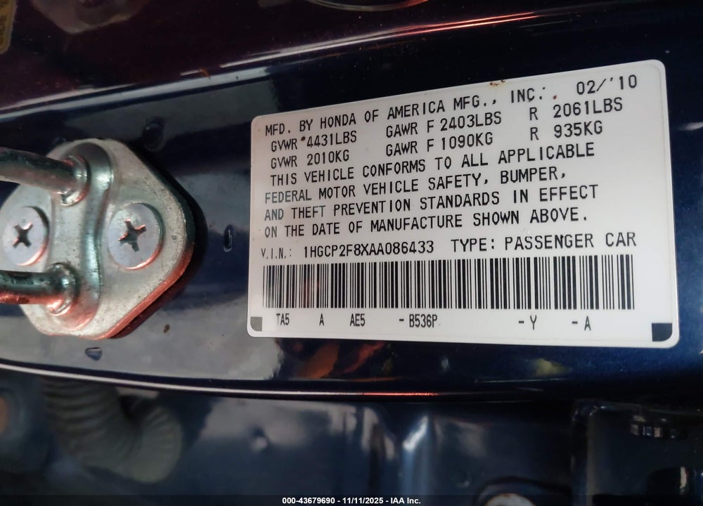 2010 HONDA ACCORD 2.4 EX-L VIN: 1HGCP2F8XAA086433