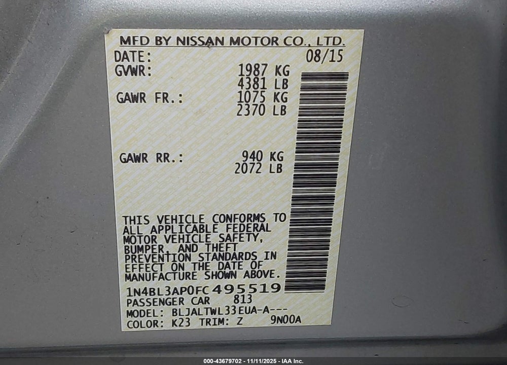 2015 NISSAN ALTIMA 3.5 S/3.5 SL/3.5 SV VIN: 1N4BL3AP0FC495519