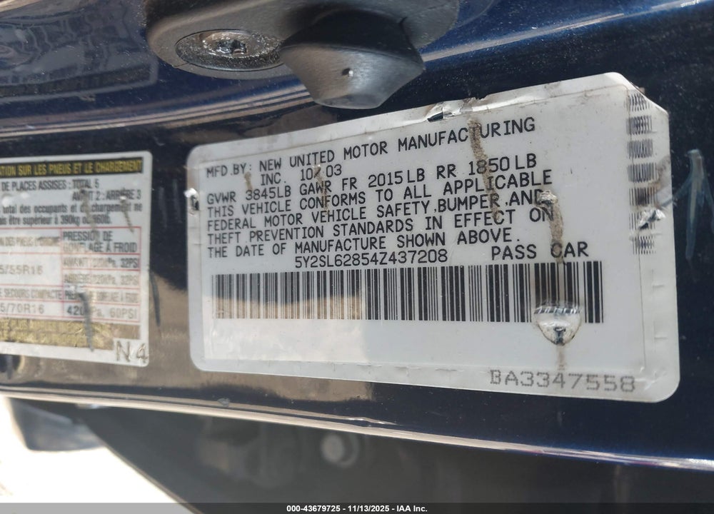 2004 PONTIAC VIBE VIN: 5Y2SL62854Z437208