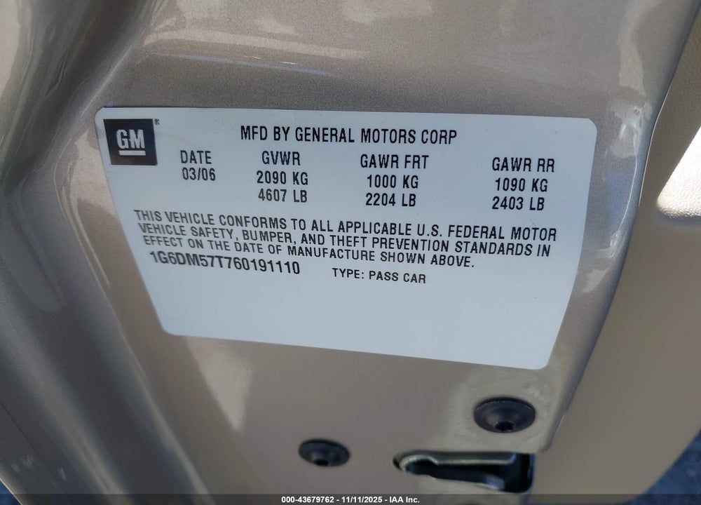 2006 CADILLAC CTS STANDARD VIN: 1G6DM57T760191110