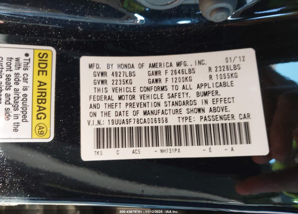2012 ACURA TL 3.7 VIN: 19UUA9F78CA006958