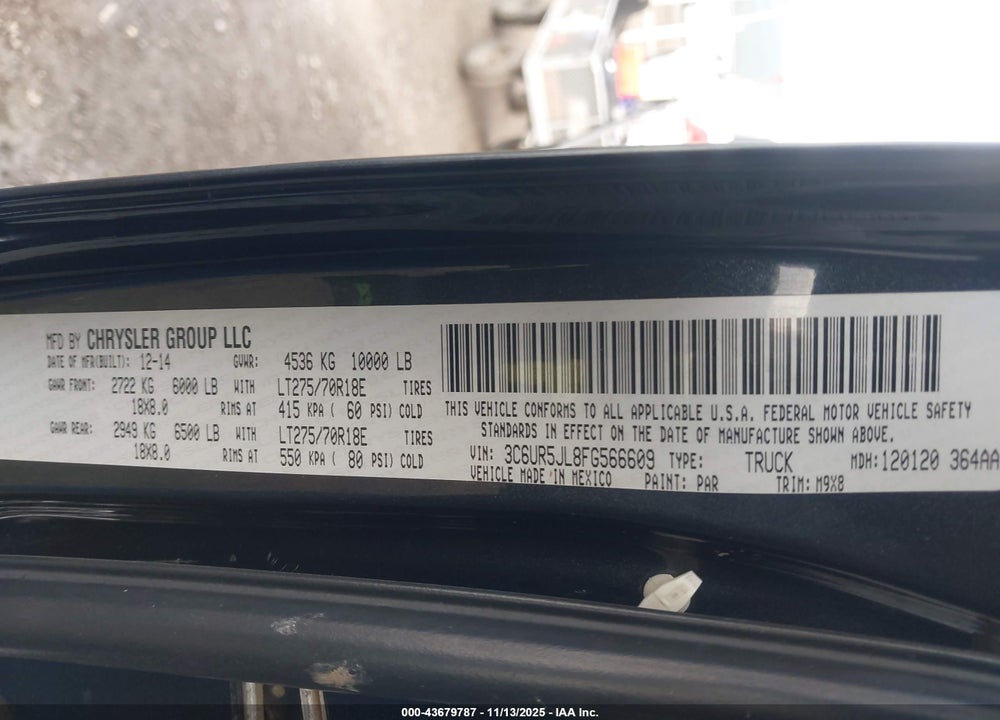 2015 RAM 2500 BIG HORN VIN: 3C6UR5JL8FG566609
