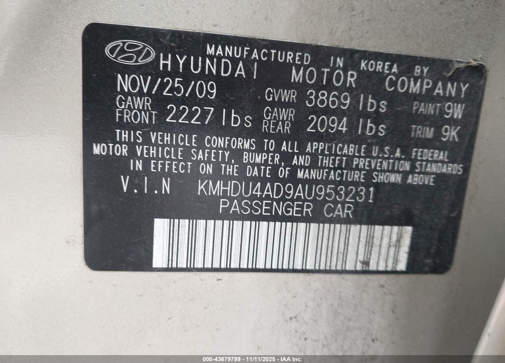 2010 HYUNDAI ELANTRA VIN: KMHDU4AD9AU953231
