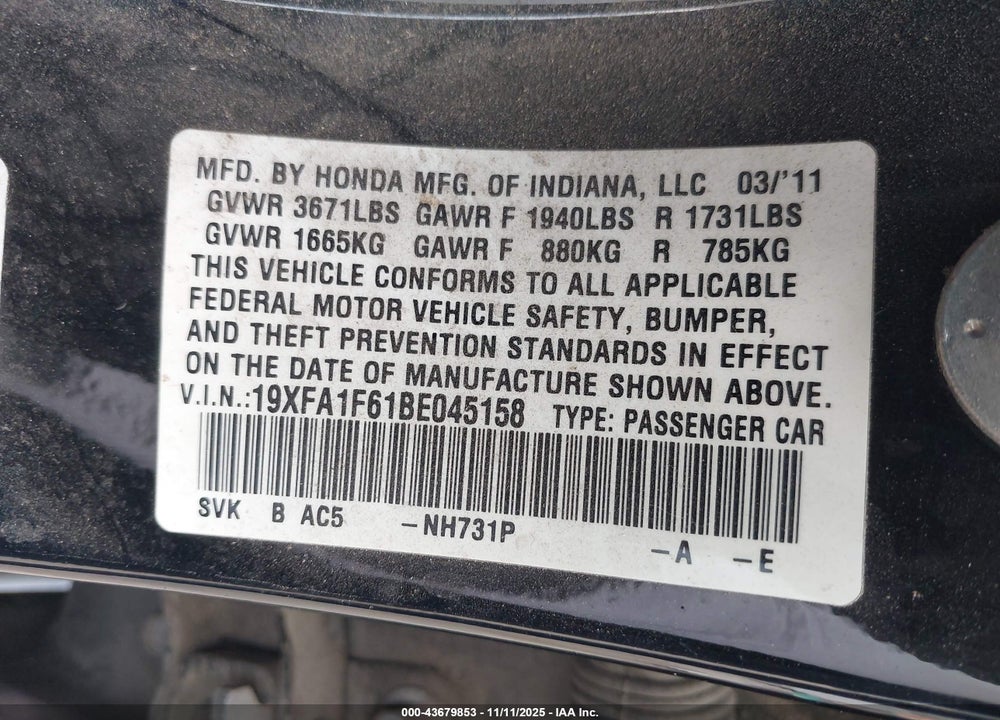 2011 HONDA CIVIC VIN: 19XFA1F61BE045158