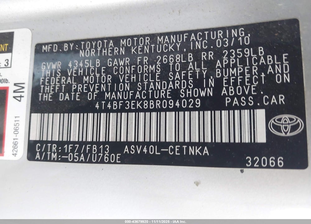 2011 TOYOTA CAMRY LE VIN: 4T4BF3EK8BR094029
