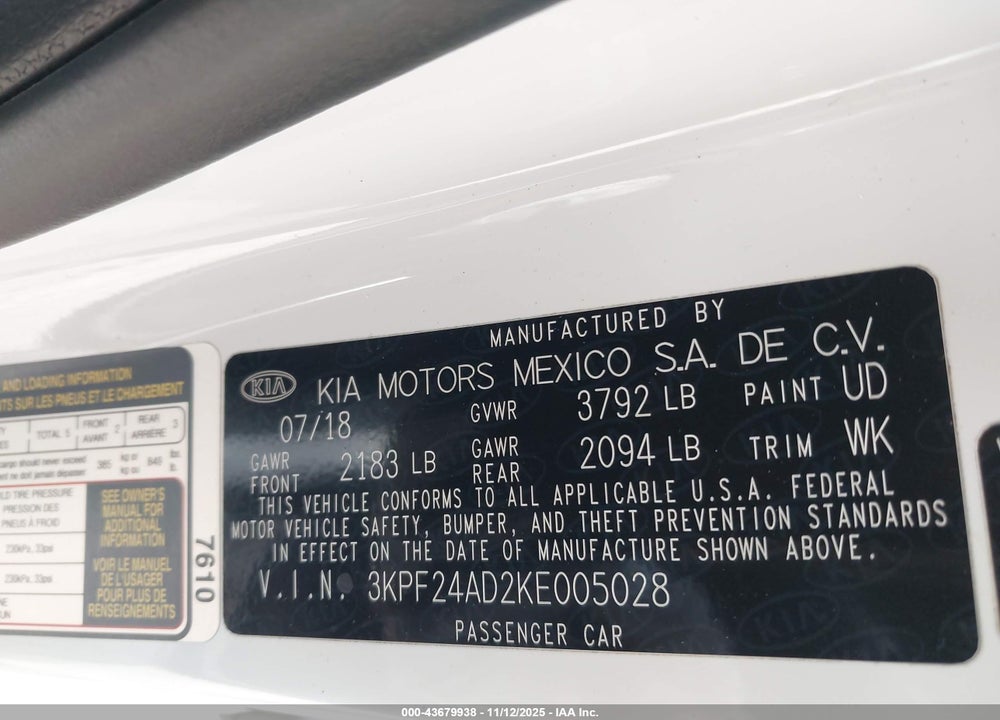 2019 KIA FORTE LXS VIN: 3KPF24AD2KE005028