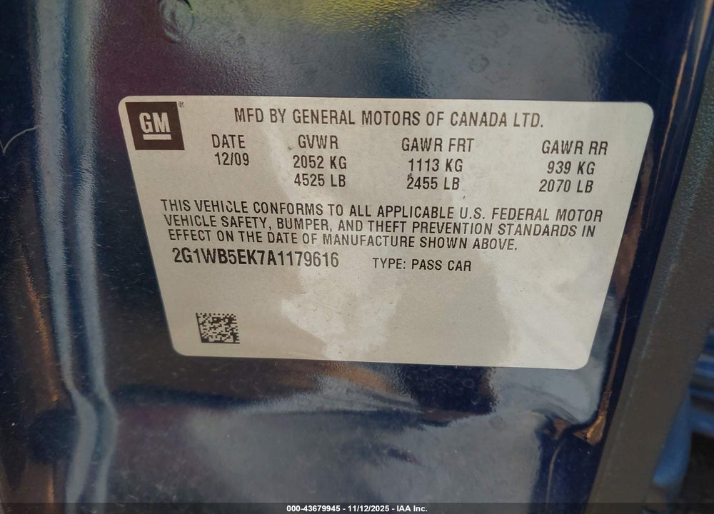 2010 CHEVROLET IMPALA VIN: 2G1WB5EK7A1179616