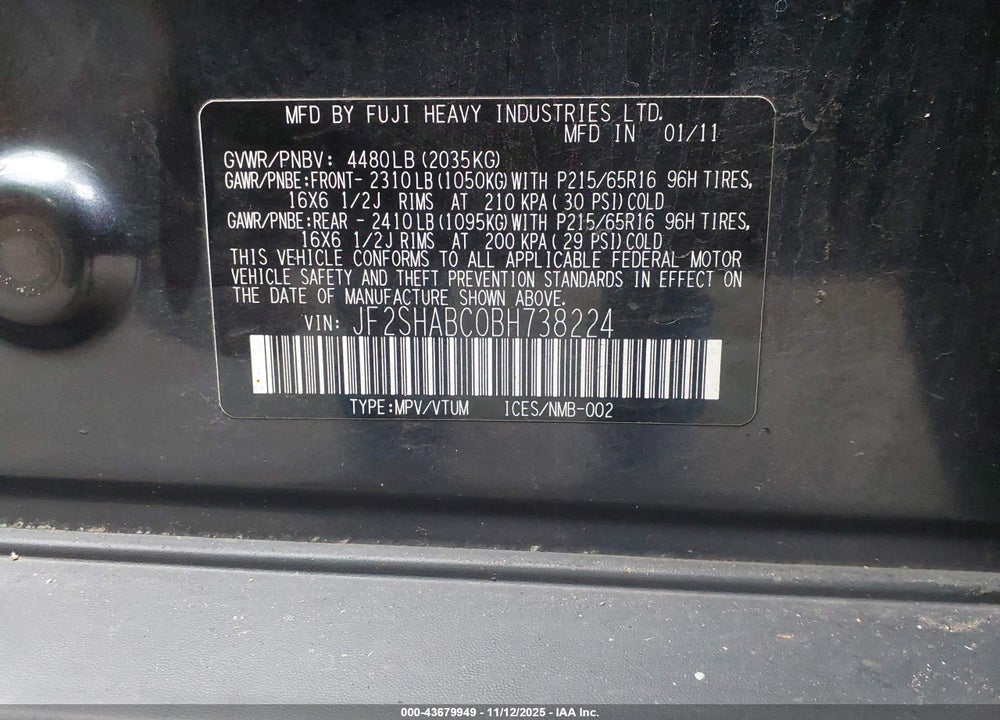 2011 SUBARU FORESTER 2.5X VIN: JF2SHABC0BH738224