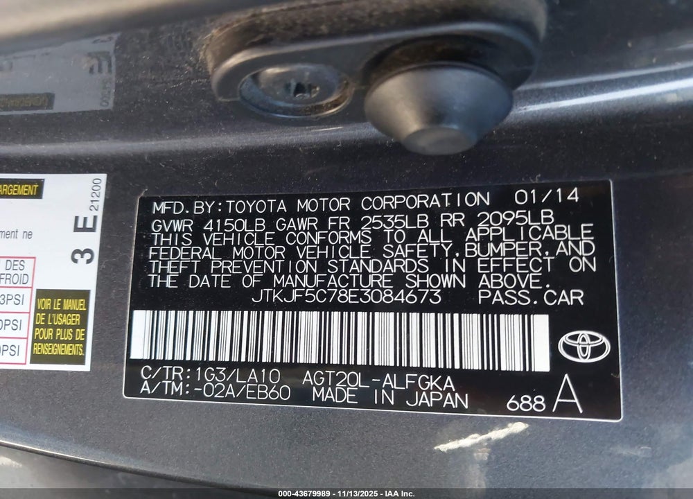 2014 SCION TC MONOGRAM VIN: JTKJF5C78E3084673