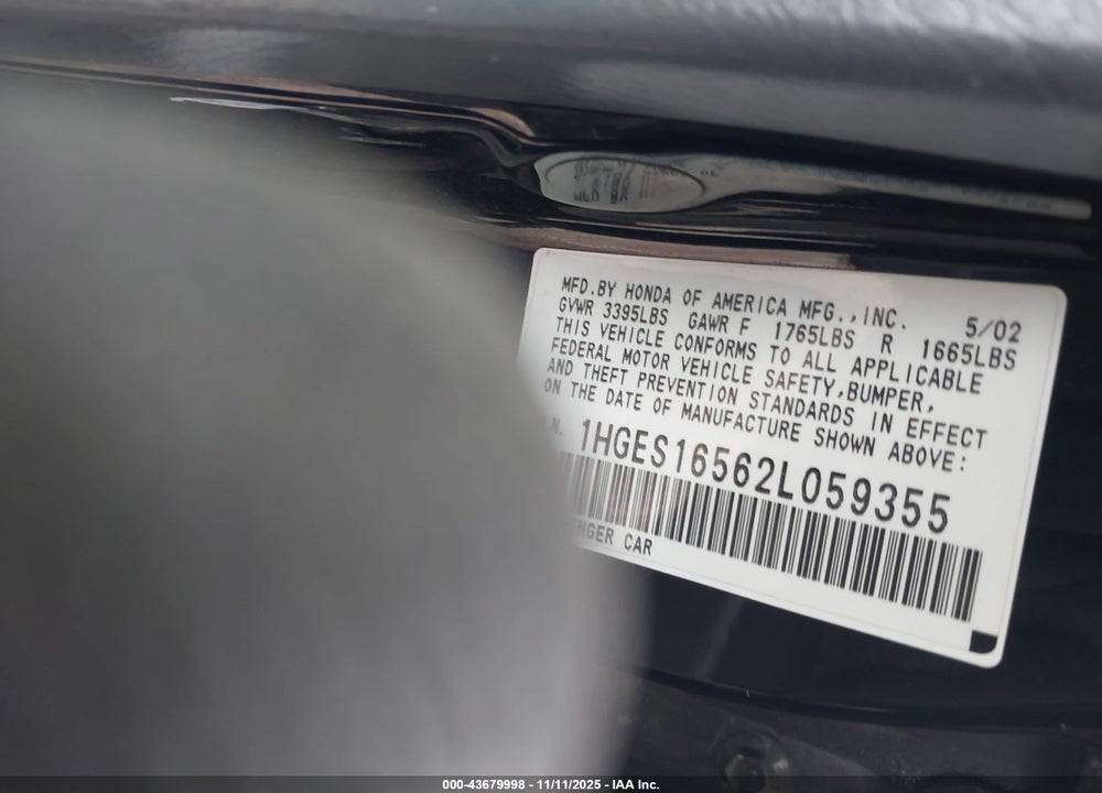 2002 HONDA CIVIC LX VIN: 1HGES16562L059355