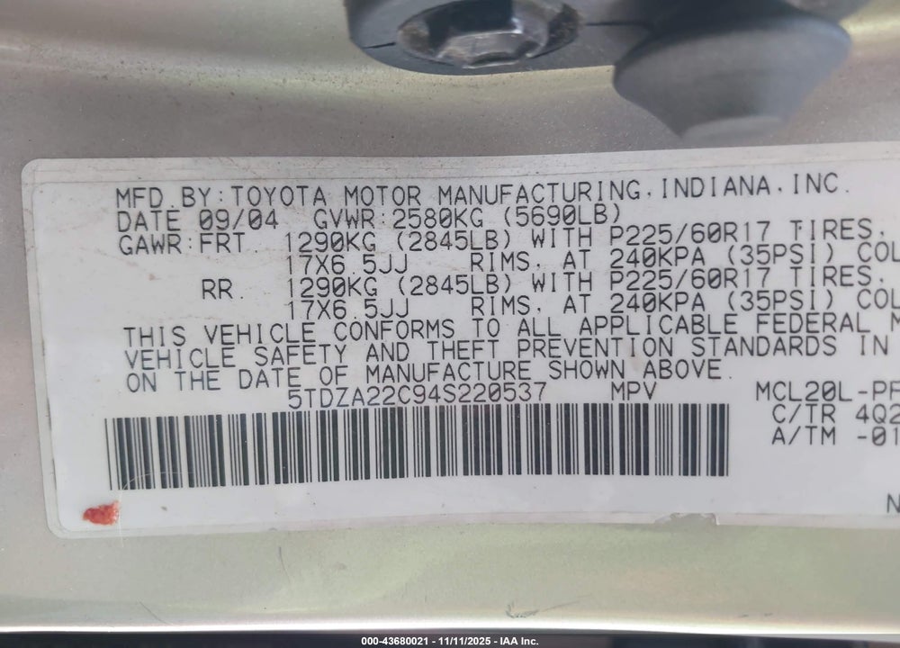 2004 TOYOTA SIENNA XLE LIMITED VIN: 5TDZA22C94S220537