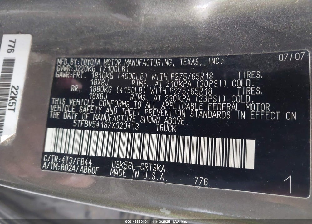 2007 TOYOTA TUNDRA VIN: 5TFBV54187X020413