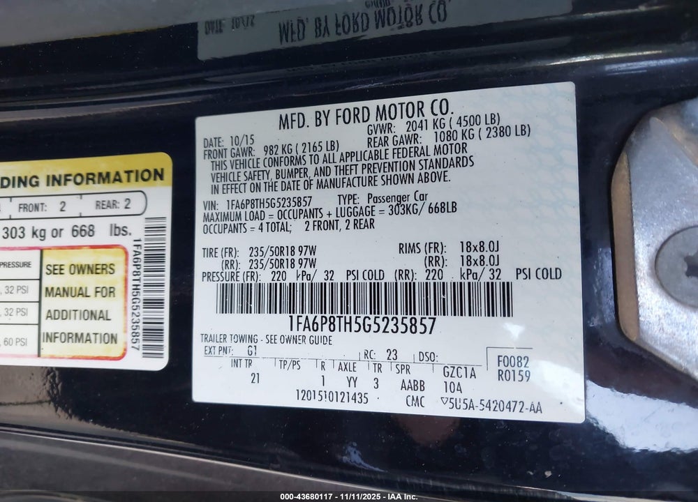 2016 FORD MUSTANG ECOBOOST VIN: 1FA6P8TH5G5235857