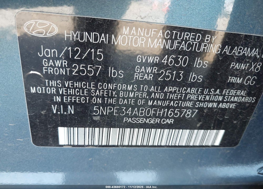 2015 HYUNDAI SONATA LIMITED 2.0T VIN: 5NPE34AB0FH165787