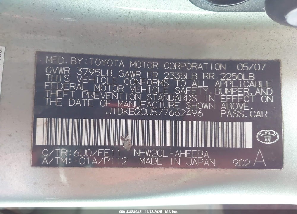 2007 TOYOTA PRIUS VIN: JTDKB20U577662496