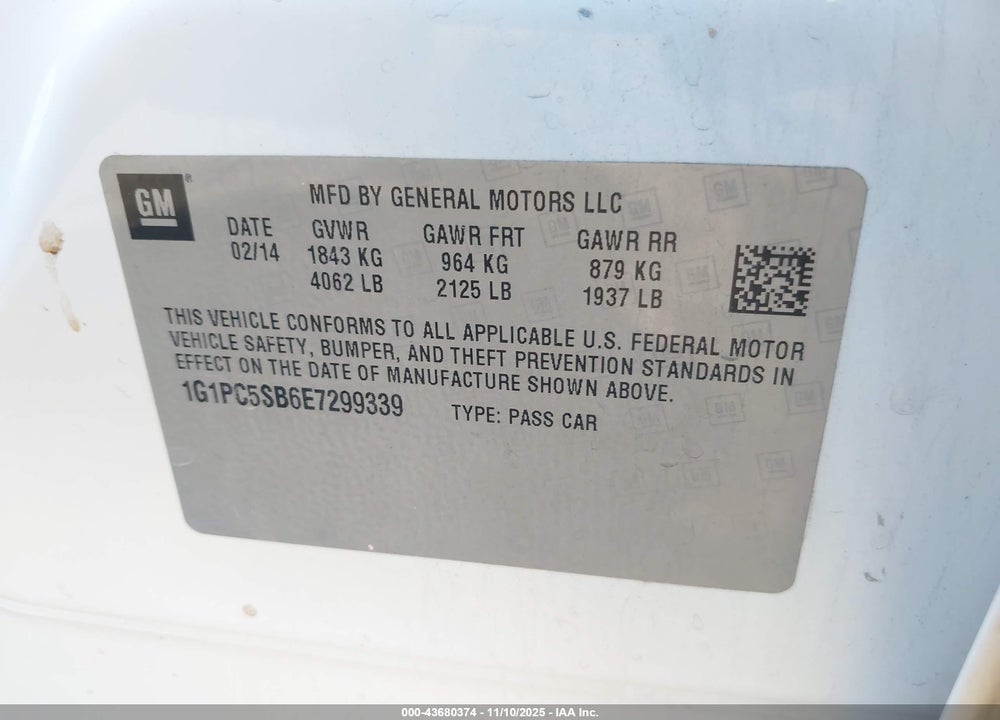 2014 CHEVROLET CRUZE 1LT AUTO VIN: 1G1PC5SB6E7299339