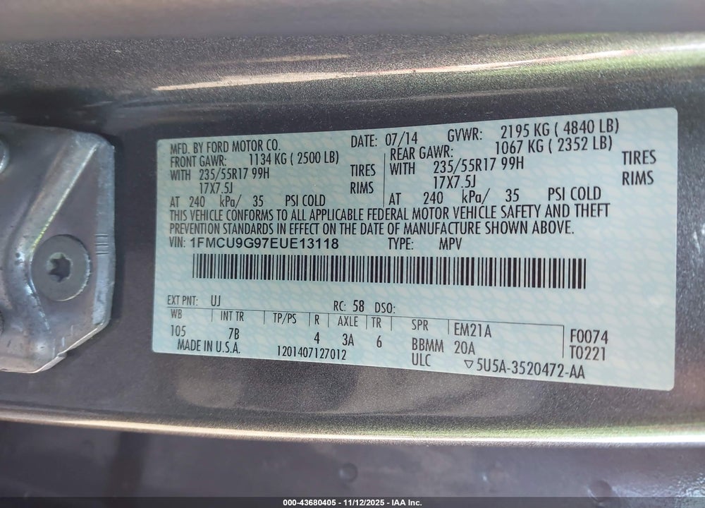 2014 FORD ESCAPE SE VIN: 1FMCU9G97EUE13118