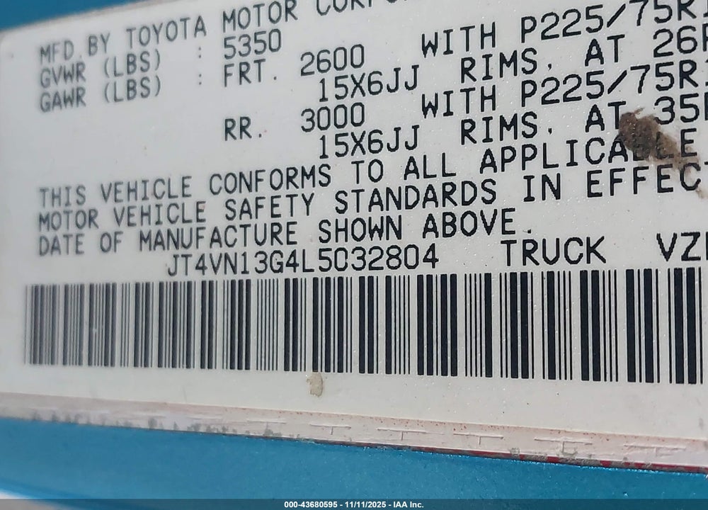 1990 TOYOTA PICKUP 1/2 TON EX LONG WHLBS SR5 VIN: JT4VN13G4L5032804