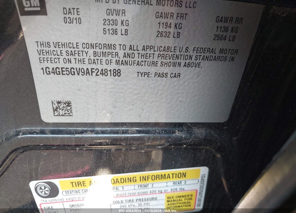 2010 BUICK LACROSSE CXS VIN: 1G4GE5GV9AF248188