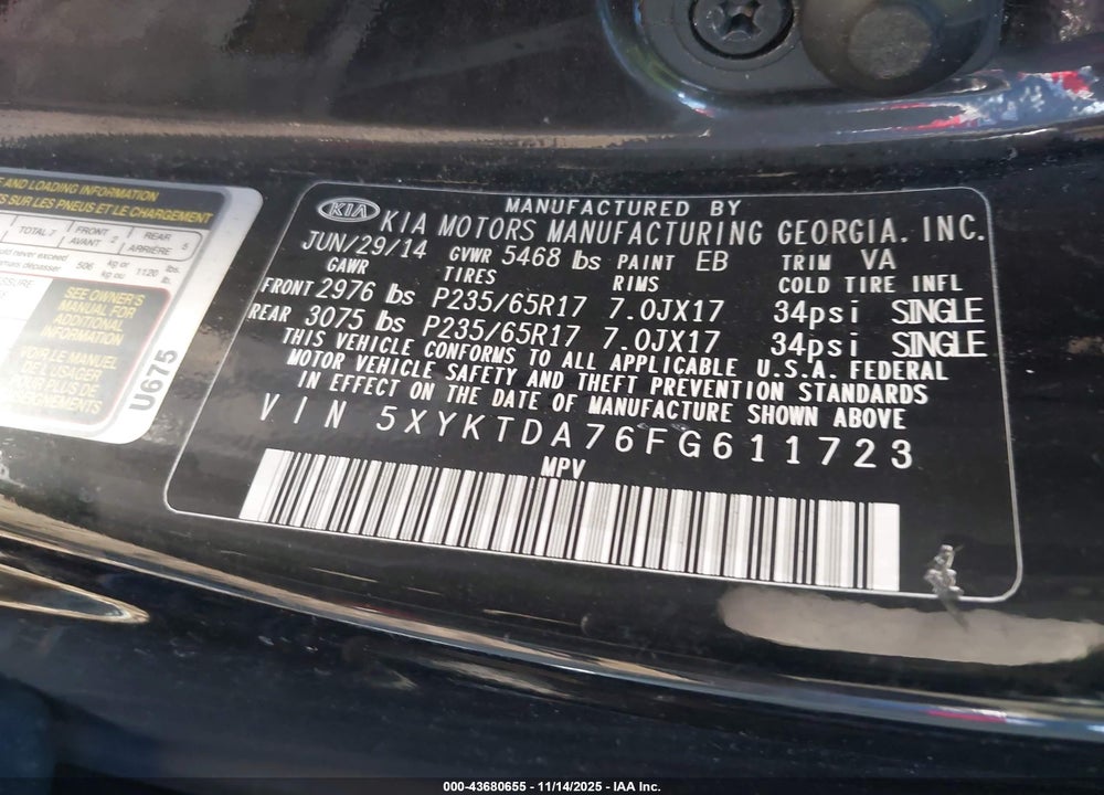 2015 KIA SORENTO LX V6 VIN: 5XYKTDA76FG611723