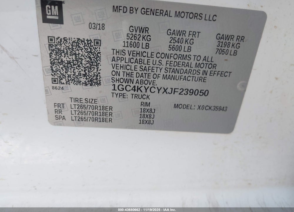 2018 CHEVROLET SILVERADO 3500HD VIN: 1GC4KYCYXJF239050