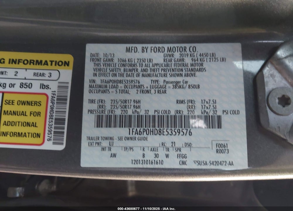 2014 FORD FUSION SE VIN: 1FA6P0HD8E5359576