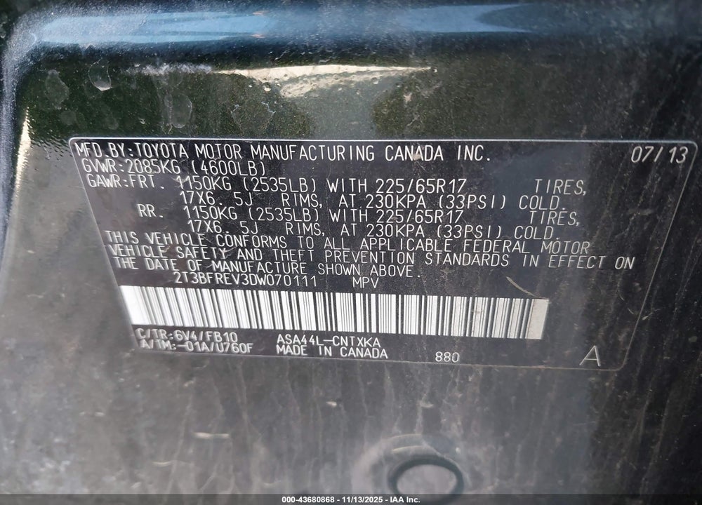 2013 TOYOTA RAV4 LE VIN: 2T3BFREV3DW070111