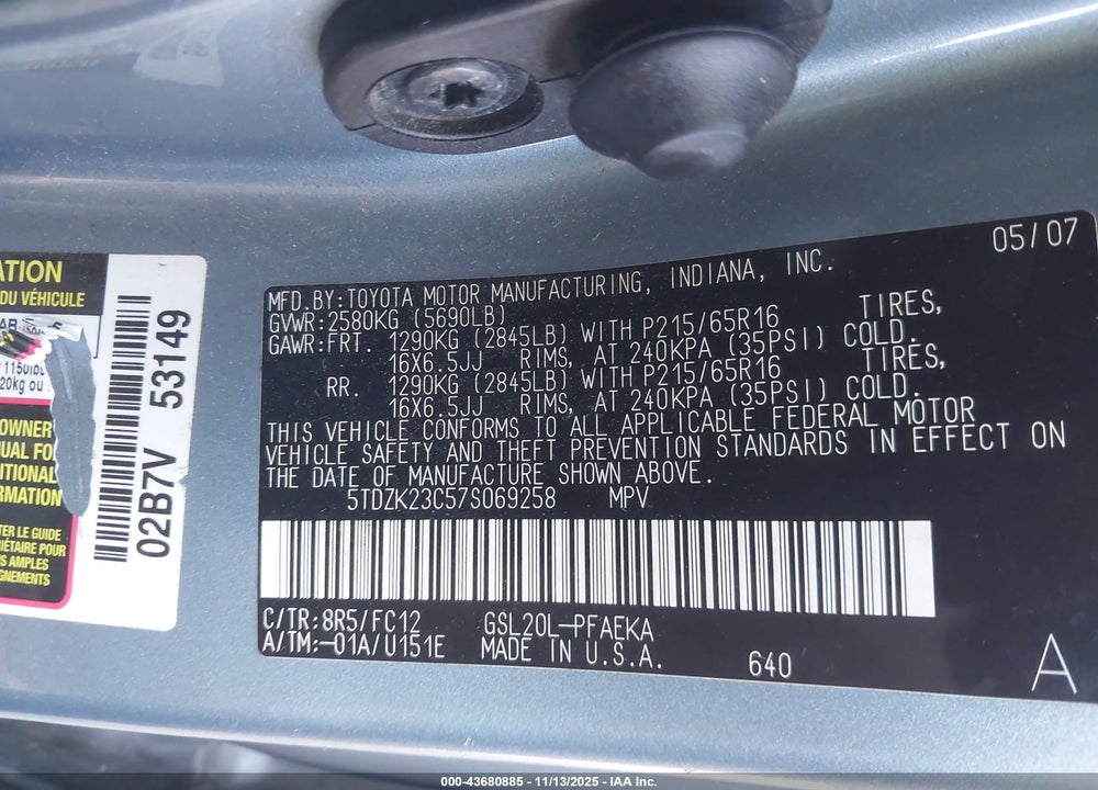 2007 TOYOTA SIENNA LE VIN: 5TDZK23C57S069258