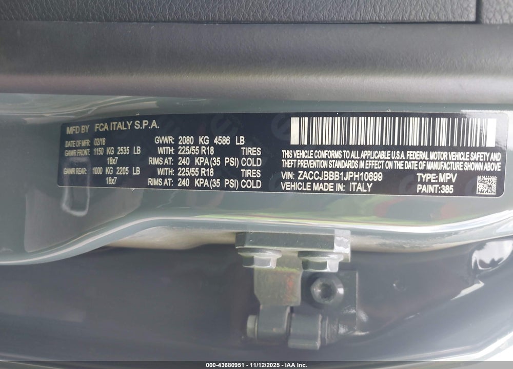 2018 JEEP RENEGADE LATITUDE 4X4 VIN: ZACCJBBB1JPH10699